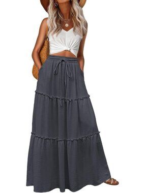 Women's Boho High Waisted A-Grey Maxi Skirts Tiered Floral Long Skirts